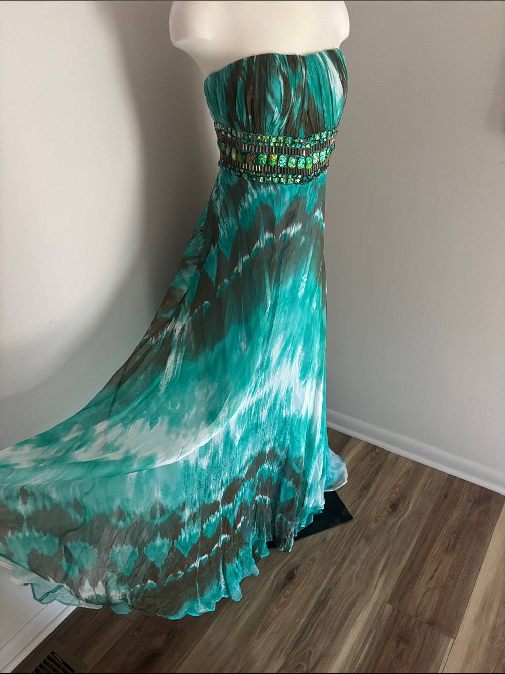 Jovani Strapless Teal and White Tie-Dye Maxi Dress with Jeweled Waist. Train